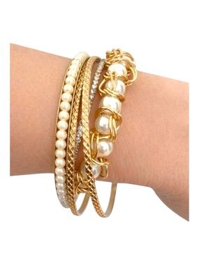 Gold & Faux Pearl Bracelet Set 6 Pieces Elegant Bangles Crystal & Pearl Accents